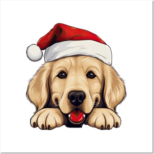 Christmas Peeking Golden Retriever Dog Posters and Art